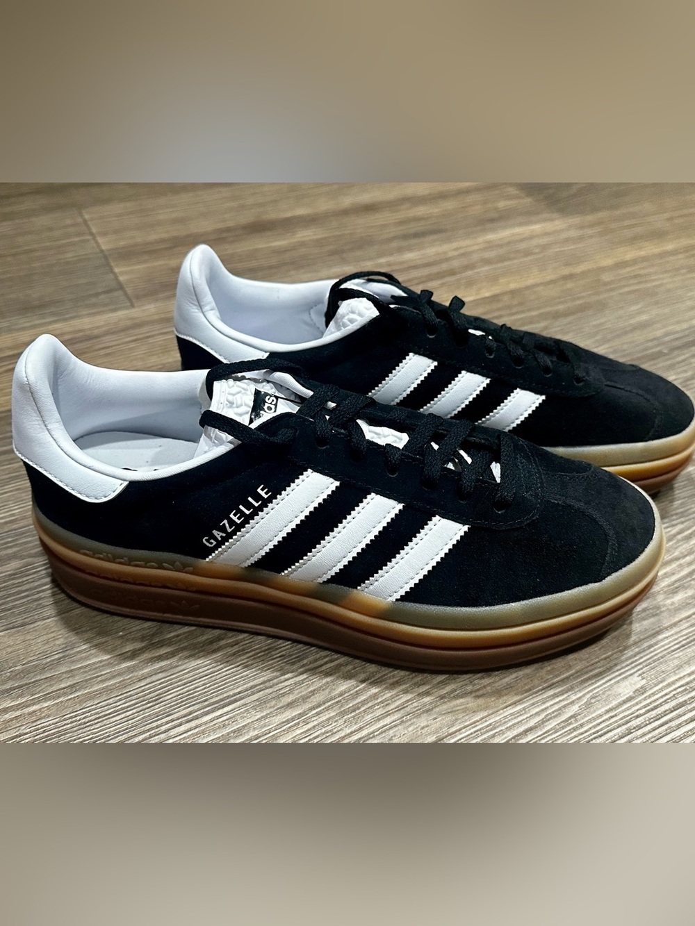 adidas Gazelle Bold Black & White Suede Sneakers with Gum Sole